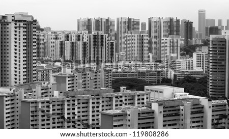 Landscape view of Singapore Housing Estate built by Housing Development of Singapore - Black and White