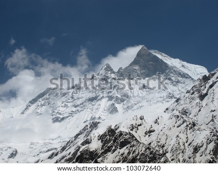 Snow covered Machhapuchhre, also known as Fish Tail. 6993 m.
