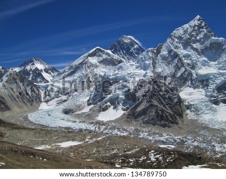 View of Mt Everest, Nuptse and Everest Base Camp
