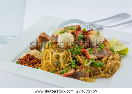 Thai Food, Noodles with pork and pork balls on white plate