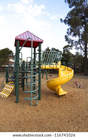 Kids outdoor playground equipment amusement park. swinging and plastic playground equipment for kids 2 to 14 years old.