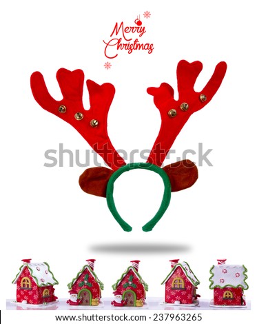 Merry Christmas. Christmas funny red reindeer mask with horns. Red Christmas background with deer hair band and red houses .