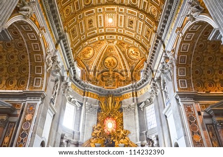 ROME - MARCH 23:  Interior of the Saint Peter Cathedral in Vatican on MARCH 23, 2012 in Rome, Italy. St. Peter\'s Basilica until recently was considered largest Christian church in world