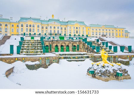 PETERHOF,RUSSIA-MARCH 5:The Grand Cascade and fountain in Peterhof palace on March 5, 2012 in Peterhof, Russia.The fountains of the Grand Cascade are located below the grotto and on either side of it.