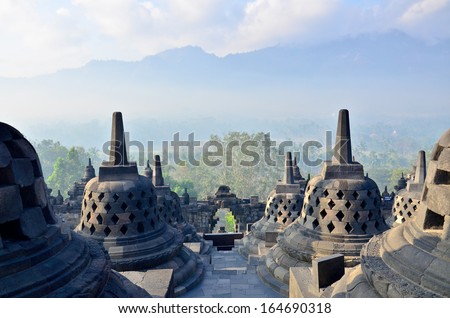 Sunrise Borobudur Temple Stupa in Yogyakarta, Java, Indonesia.
