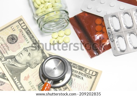 US dollars banknotes and tablets, symbol photo for costs of medications and health insurance.