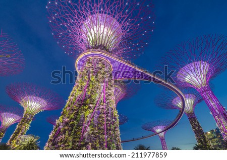 SINGAPORE -MAY12: Futuristic view of amazing illumination at Garden by the Bay on May 12, 2014 in Singapore. Night light show at Supertree Groveis is main Marina Bay Sands district tourist attraction