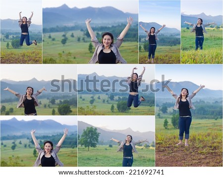 collage of asian woman smiling with freedom