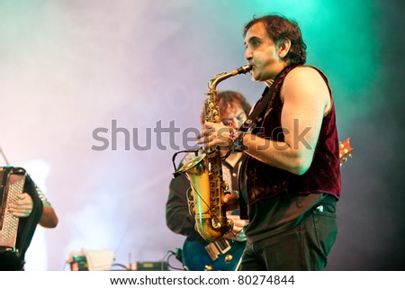 SOPRON, HUNGARY - JUN 29: Saxophon play from the band Emir Kusturica and the Non Smoking Orchestra on the Volt Festival on June 29, 2011  in Sopron, Hungary.