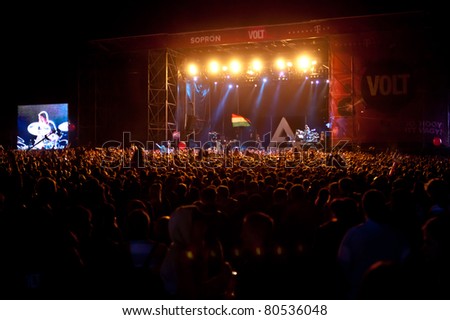 SOPRON, HUNGARY - JUL 2: 30 Seconds to Mars on the Main stage and the crowd of fans on the Volt Festival, on Jul 2, 2011 in Sopron, Hungary.