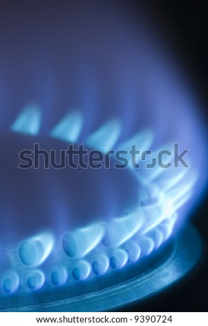 stock photo Blue flames of a gas stove in the dark