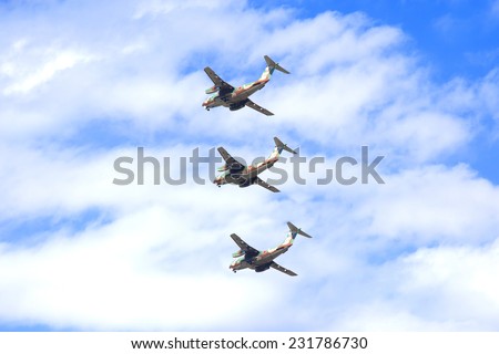 SAITAMA, JAPAN - NOVEMBER 3, 2014: Japanese Air Self-Defense Force holds their annual airshow at their Iruma airbase. They have a demonstration flight by a military cargo airplane called C-1.