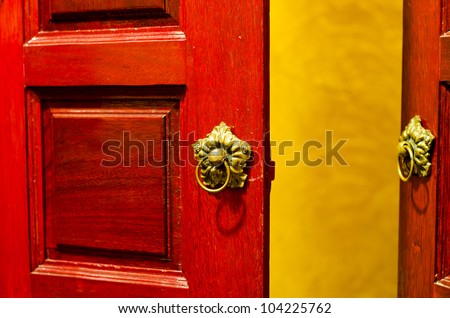 Door opened wood brown, classic design with antique door handle