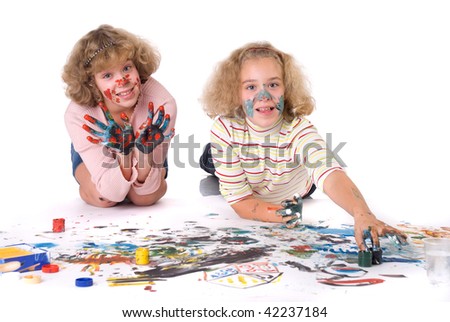 Two nice girls (twins) with painted hands
