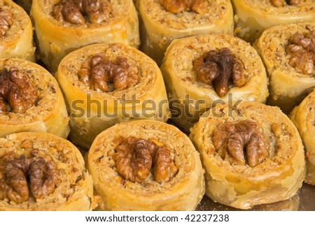 The baklava (a dessert made of thin pastry, nuts, and honey)