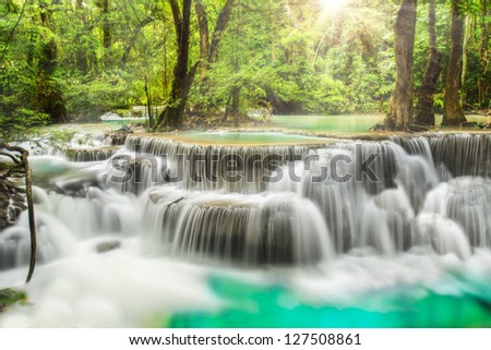 Second level of Erawan Waterfall in Kanchanaburi Province, Thailand