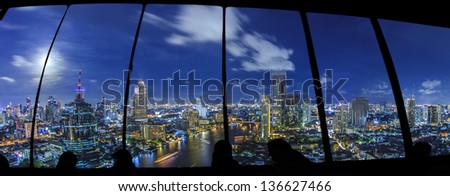 River in Bangkok city in night time with bird view in party room