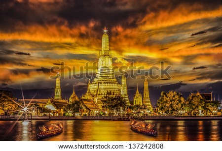 Landscape of River and Arun Temple in Bangkok city in fesival night time