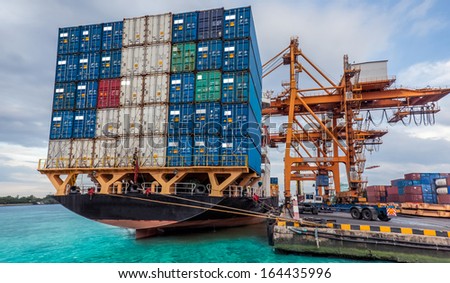 Container Cargo freight ship with working crane loading bridge in shipyard at dusk for Logistic Import Export background Container Cargo freight ship with working crane loading bridge in shipyard at dusk for Logistic Import Export background