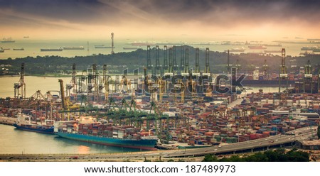 Landscape from bird view of Cargo ships entering one of the busiest ports in the world, Singapore.