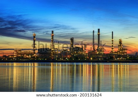petrochemical plant in night time with reflection over the river