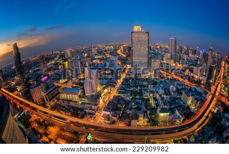 Landscape of transportation in Bangkok city in night time with bird view
