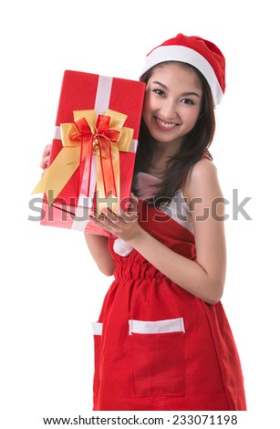 Beautiful Asia woman wear Santa Clause costume, christmas girl happy smile hold new year gift box present, in isolated on white background