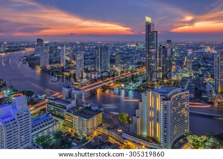 River in Bangkok city in night time with bird view