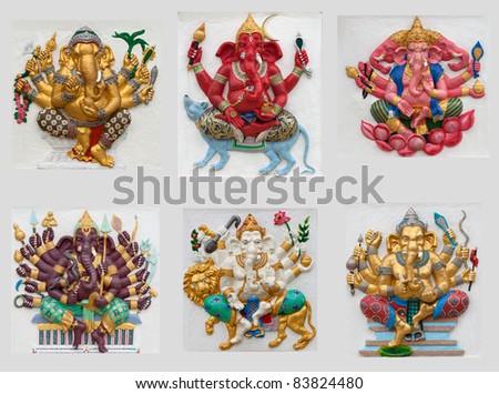 Indian or Hindu God Ganesha avatar image in stucco low relief technique with vivid color,Wat Samarn, Chachoengsao,Thailand.
