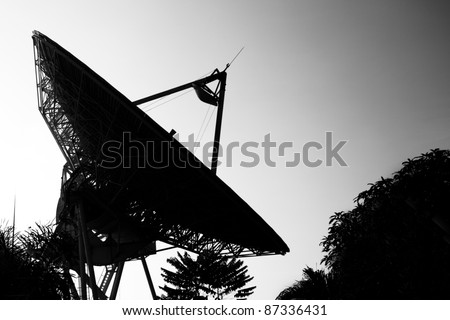 Radar dish in back and white color.