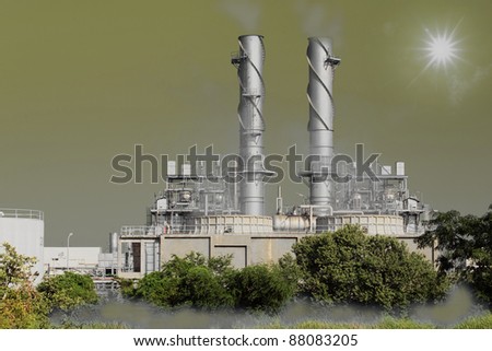 Stream power plant with sun and blue sky.