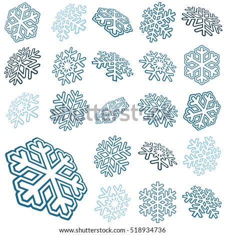 collection of different abstract three dimensional blue snow flakes