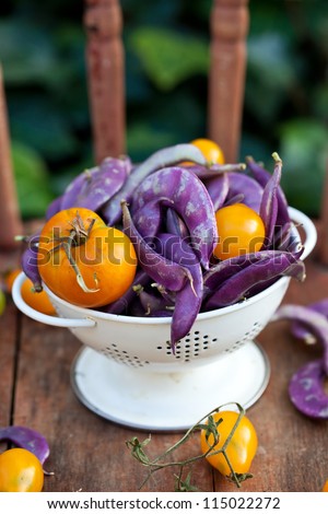 Fresh purple beans and yellow tomatoes in the white colander on wooden surface