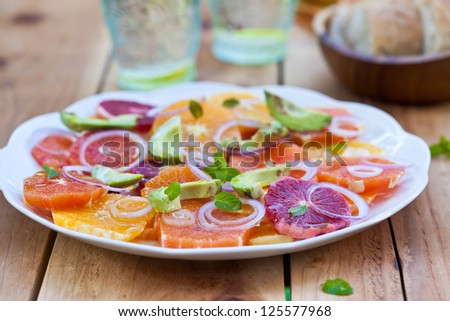 Salad with Citrus Fruits, Avocado and Onion. Ready-to-eat. Also available in vertical format.