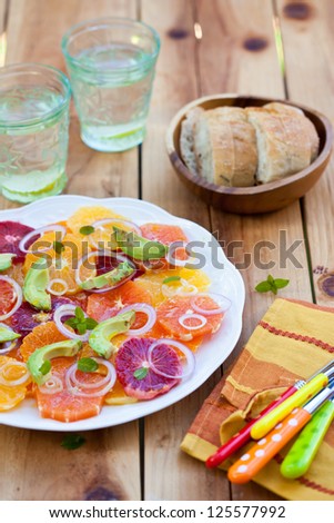 Salad with Citrus Fruits, Avocado and Onion. Ready-to-eat. Also available in horizontal format.