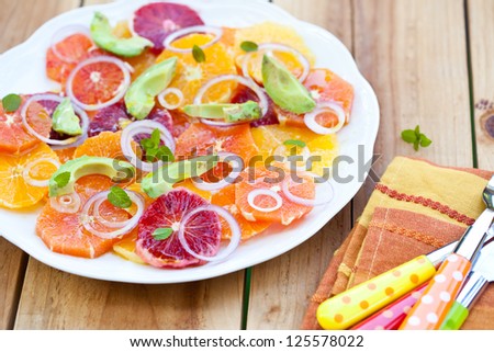 Salad with Citrus Fruits, Avocado and Onion. Also available in vertical format.