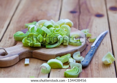 Chopped Leek on Cutting Board. Also available in vertical format.
