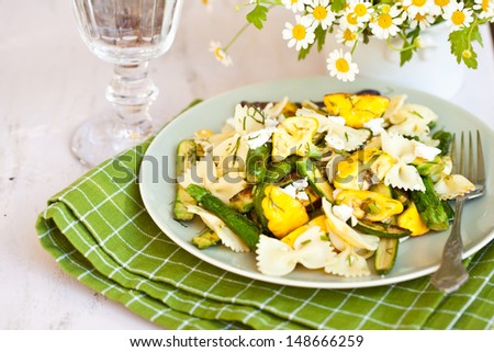 Fried Zucchini and Patty Pan Squash with white cheese ready to eat. Also available in horizontal format.