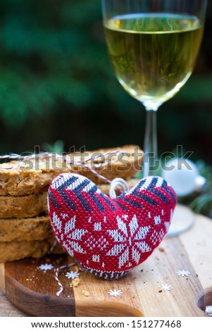 Almond Biscotti with Knitted Heart for Christmas. Also available in horizontal format.