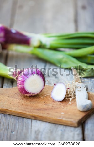 Fresh red onion cut on wooden background. Also available in horizontal format.