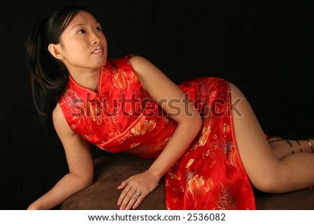 asian model woman in red dress