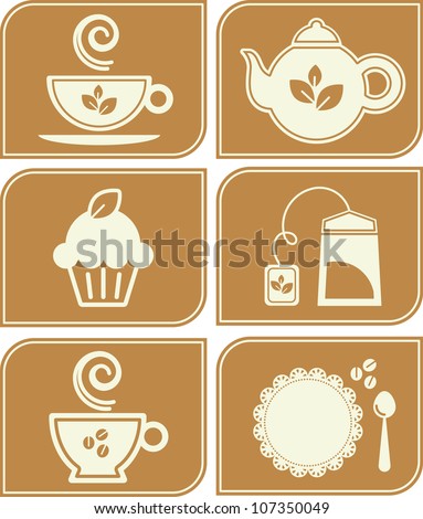 Tea and coffee related vector icons set