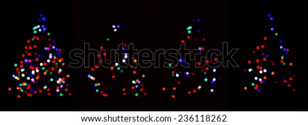 Set of Christmas tree bokeh lights. 4 stages, which light up alternately.  Very useful for web animation, banners, etc. 3 left images being layered on each other to form the leftmost image.