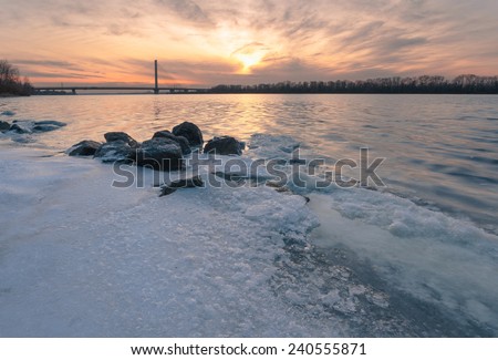 Winter river bank. Dniepr river. Kiev. Ukraine