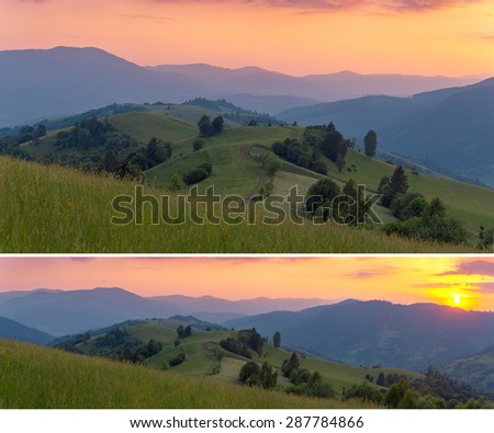 Wide panorama of mountains at sunset time. Carpathian mountains. Ukraine.