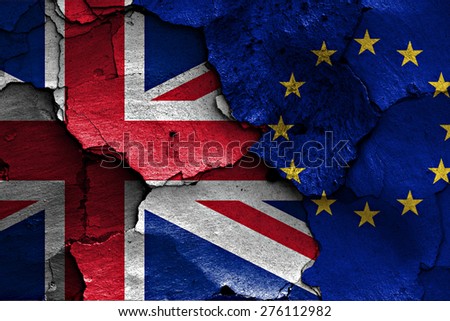 flags of UK and EU painted on cracked wall