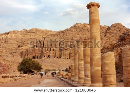 colonnaded street in city Petra, view to Silk, Corinthian and Palace tombs, Jordan
