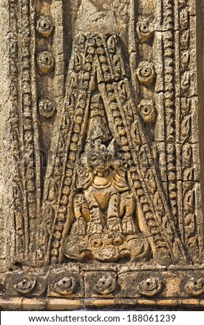 old sloughing bas-relief of mythical creature on the facade of ancient temple in Bagan(Pagan), Myanmar(Burma)