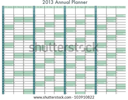 Annual Calendar on 2013 Calendar Annual Planner Week Starts On Sunday Stock Vector