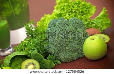 Green fruit and vegetable in  green smoothie